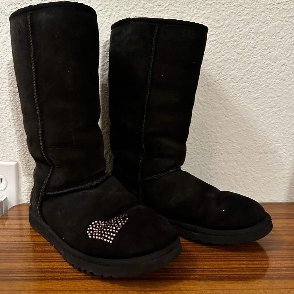 Vintage tall black Ugg boot with custom heart Swarovski rhinestone Nordstroms